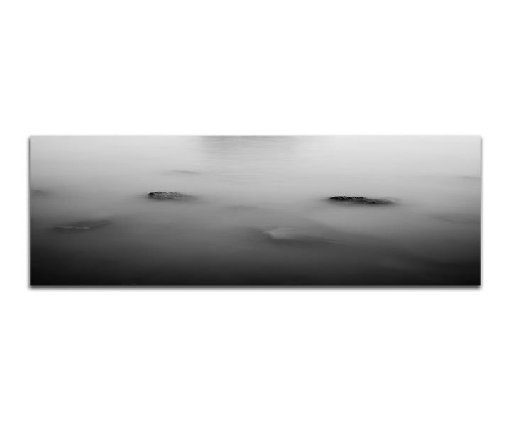 Paul Sinus Art Panoramabild auf Leinwand und Keilrahmen 150x50cm See Insel Steine Baum Nebel Dunst