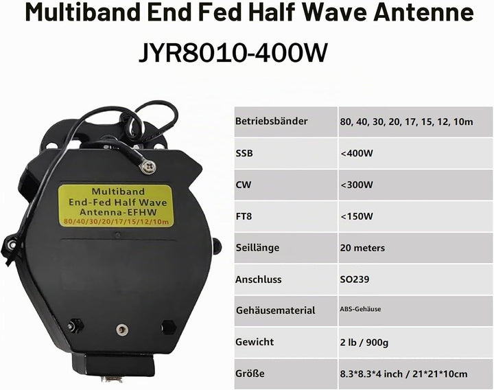JYR8010-400W End Fed Half Wave Antenne, 400W Kurzwellenradioantenne für Amateurradio, 8 Bänder 10m 1
