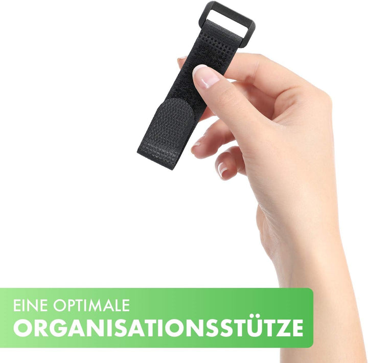 30x Klett Kabelbinder 10 cm - schwarz mit Schnalle - wiederverschliessbares Klettband 10cm mit Öse -