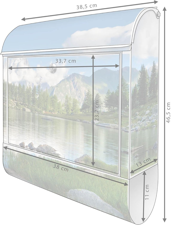 banjado® Design Briefkasten mit Motiv Gebirgssee 39x47x14cm &amp; 2 Schlüssel - Briefkasten Stahl weiss