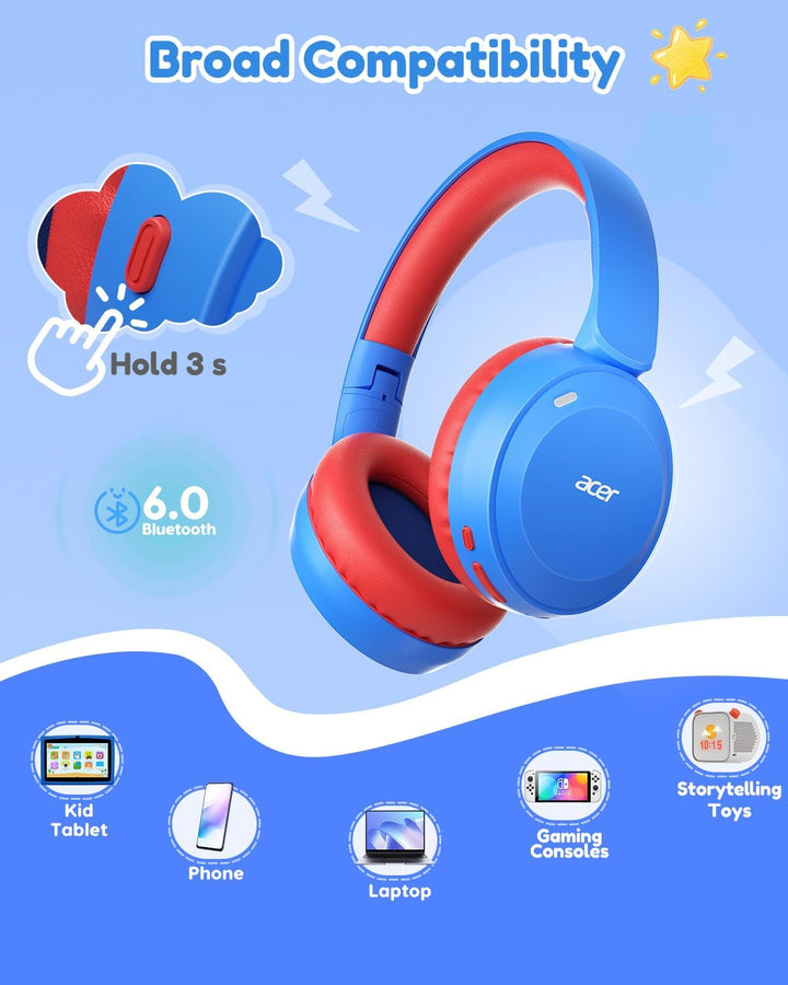 Acer Kinder Bluetooth Kopfhörer, 85/94dB Lautstärkebegrenzer, Faltbare Kabellose Over-Ear-Kopfhörer