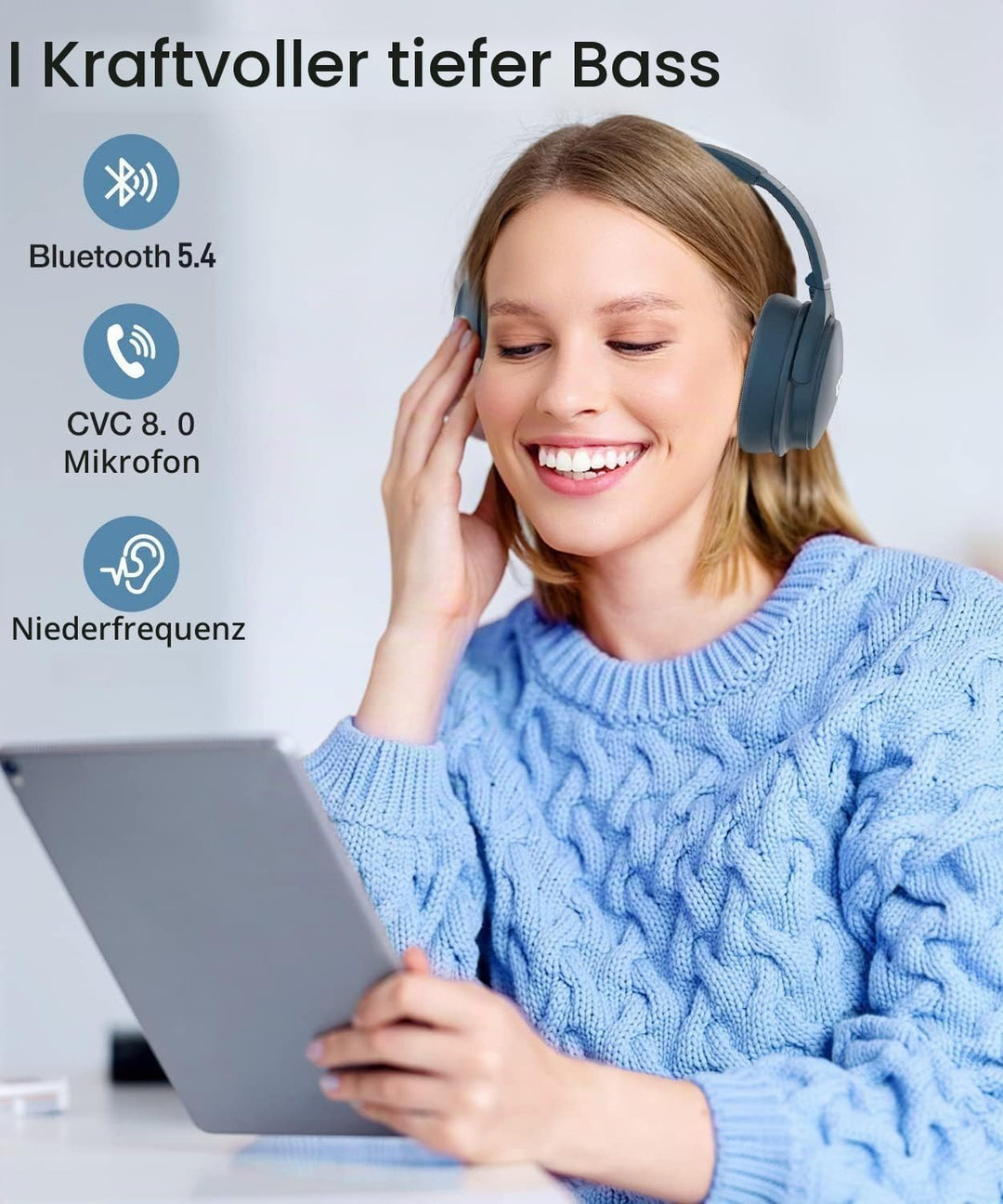 INFURTURE Noise Cancelling Kopfhörer Bluetooth 5.0,Drahtlose Over-Ear-Kopfhörer,Hi-Fi-Stereo-Tiefbas