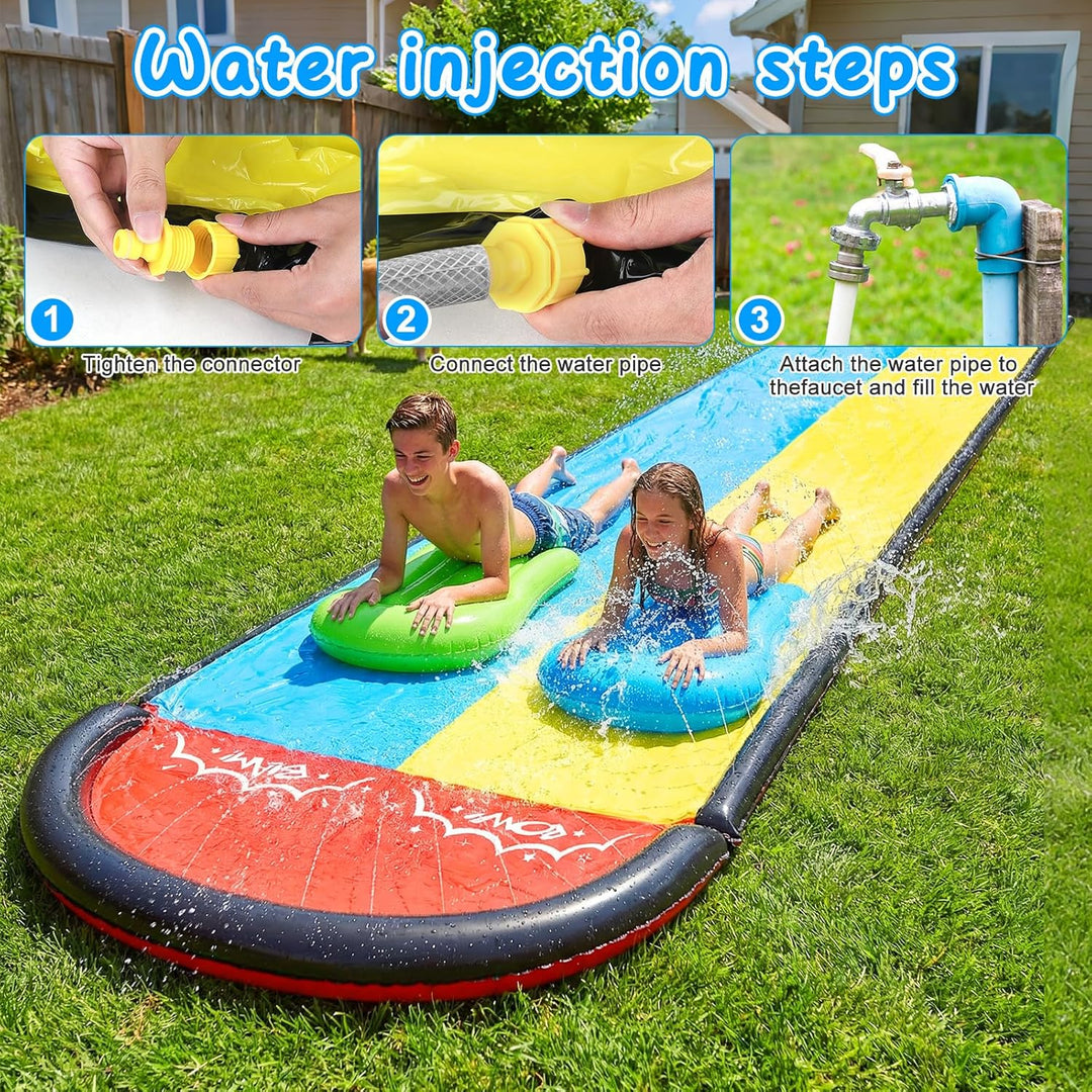 Mineup 480 x 140cm Wasserrutsche Garten, Wasserrutschmatte mit 2 Bodyboards, Doppelrutsche mit Einge
