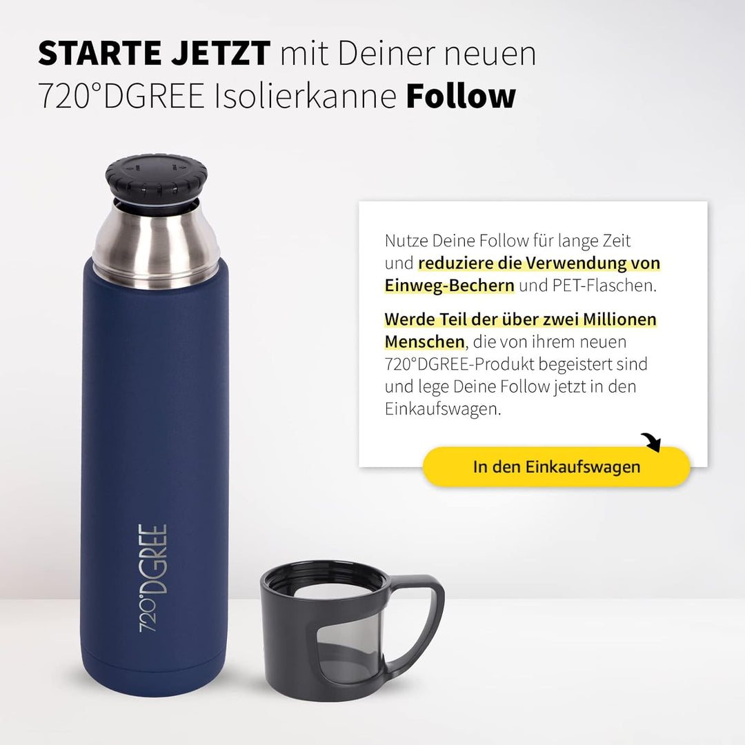 720°DGREE Thermoskanne mit Becher 1l “Follow” - 3 Grössen, 12h Heiss, 24h Kalt, Auslaufsicher, BPA-F