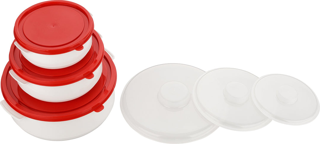 Kigima Mikrowellen - Kochtopf - Frischhalte und Tiefkühlset Set 3-teilig Töpfe 0,5L, 1L, 2L Rot/Weis
