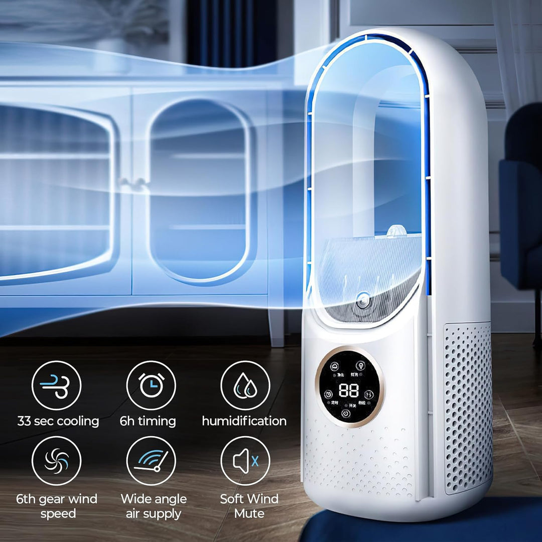 Ventilator Leise, Rotorloser Ventilator mit mit Luftreiniger, 6 Geschwindigkeiten, 9H Timer, USB-Auf
