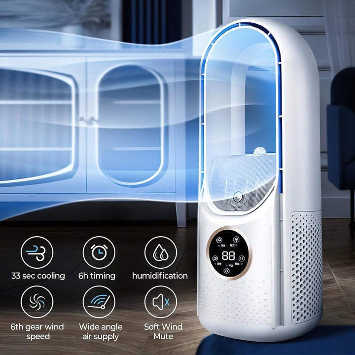 Ventilator Leise, Rotorloser Ventilator mit mit Luftreiniger, 6 Geschwindigkeiten, 9H Timer, USB-Auf