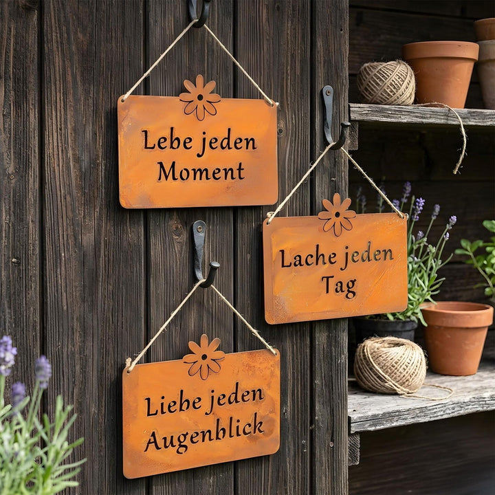 3er Set Wandbilder Sprüche 25x19cm Schilder Garten-Deko Türschild Edelrost Braun Rostdeko Lebe Liebe