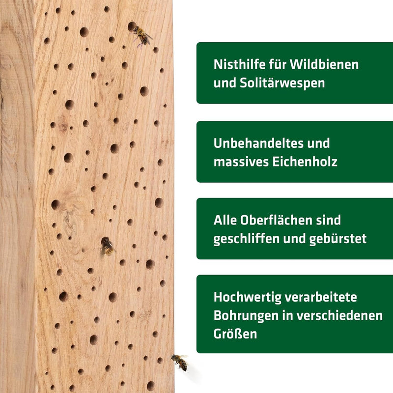 GARDIGO® Insektenhotel für Wildbienen | Unikat Bienenhotel Stamm ca 70 cm aus massivem Eichenholz |