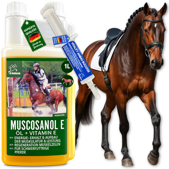 Reiskeimöl Leinöl 1L 30ml für Pferde Plus Vitamin E + Aminosäuren Pferd + Vitamin E komplex - Muskel