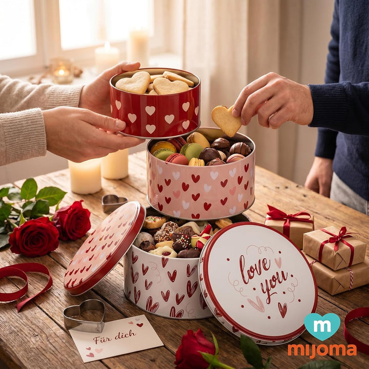 MIJOMA Keksdosen-Set – 3er-Set Metalldosen mit Deckel – runde Dosen mit Motiv – stapelbar & dekorati