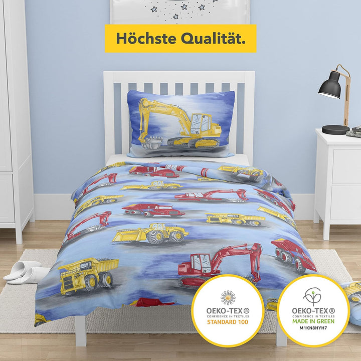 Träumschön Bagger Bettwäsche 135x200 Jungen - Biber Bettwäsche 135x200 Jungen mit Baufahrzeugen - To