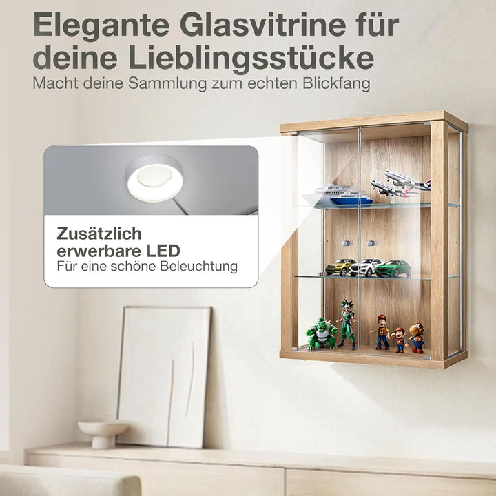 K-Möbel Hängevitrine Glas in Buche (80x60x25 cm) mit 2 höhenverstellbaren Glasböden - Modellauto Vit