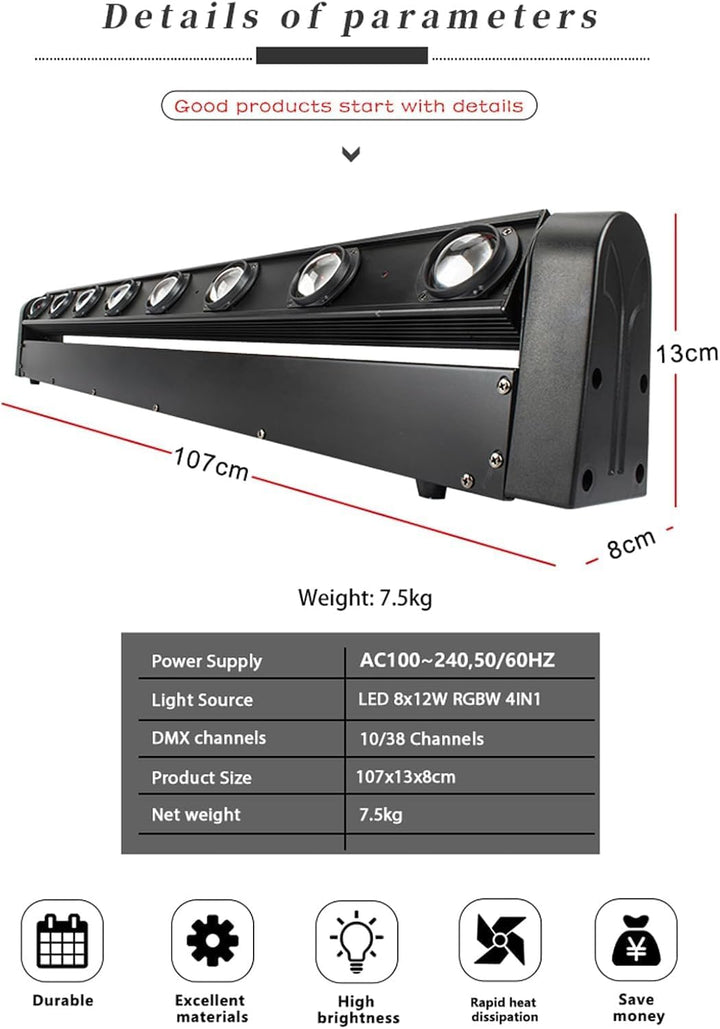 SHEHDS Moving Head Licht Bar LED 8x12W RGBW 4IN1 Strahl- und Blitz-Effekt 8° Linsenwinkel Bühnenlich