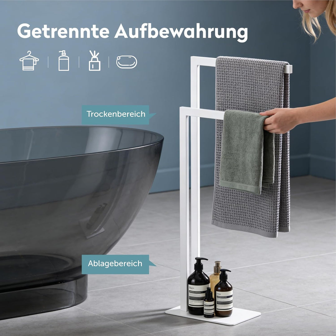 doporro Handtuchständer Freistehend, Handtuchhalter Stehend weiss Edelstahl mit 2 Stangen, Badetuchh