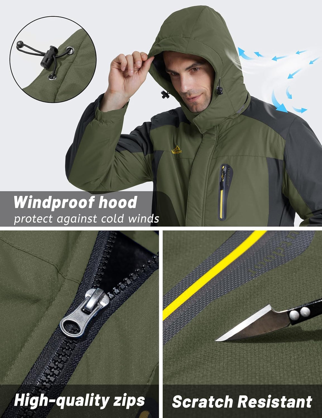Herren Warme Skijacke Gefütterte Winterjacke Wasserabweisende Funktionsjacke mit Abnehmbarer Kapuzen