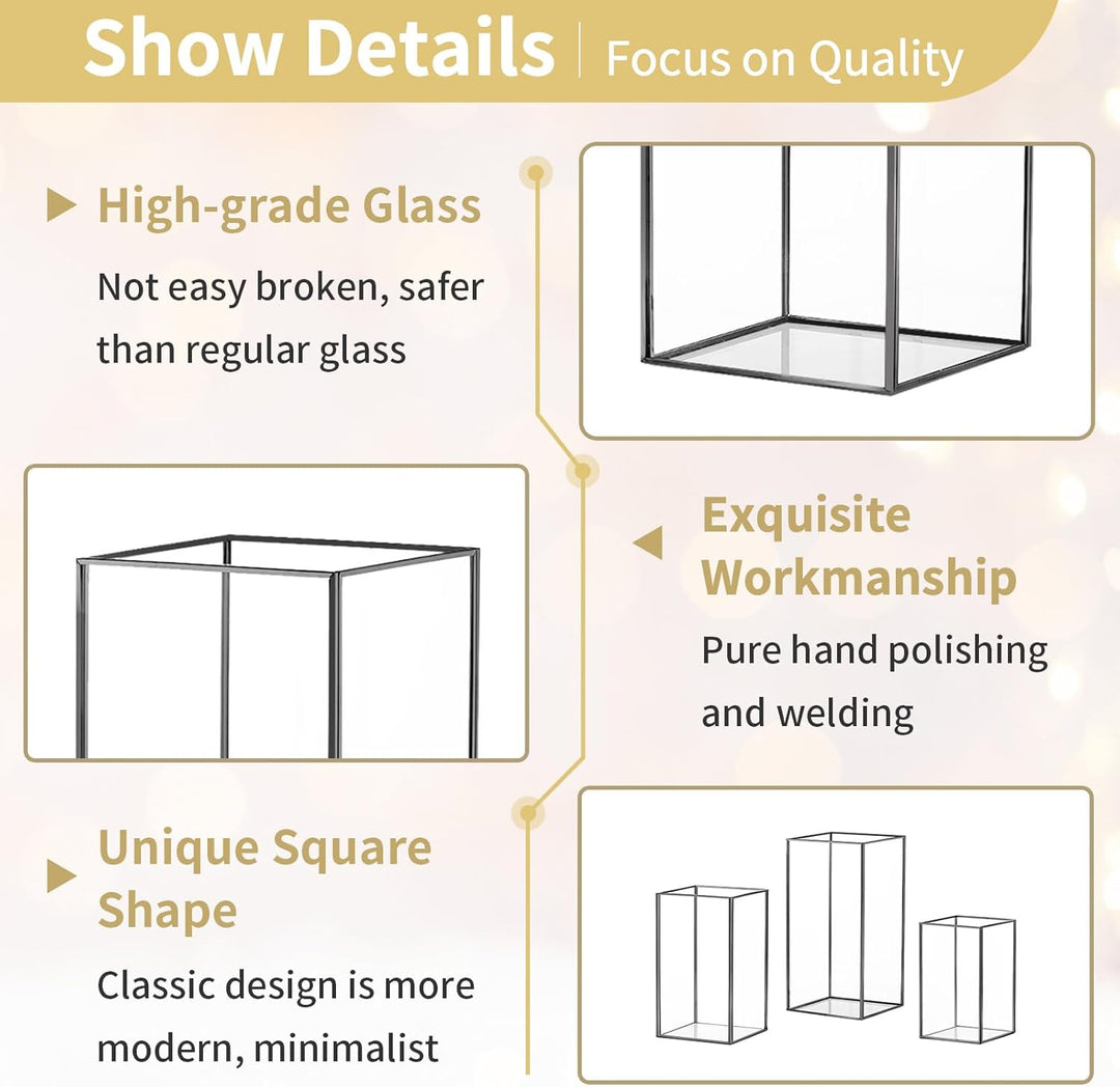 NUPTIO Windlicht Schwarz Glas Laterne: Gold Kerzenständer Metall Set von 3 Gross Kerzenhalter Hochze