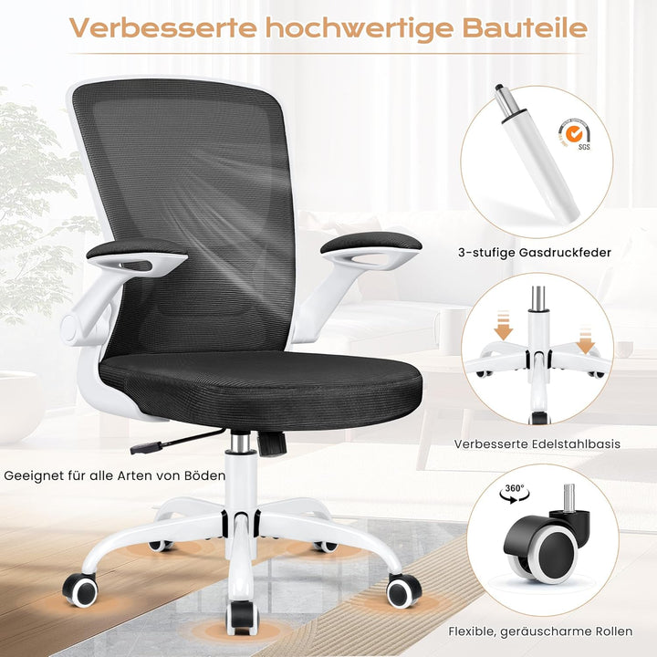 KERDOM Bürostuhl, Ergonomischer Schreibtischstuhl mit Klappbaren Armlehnen, 360° Drehstuhl Mesh Comp