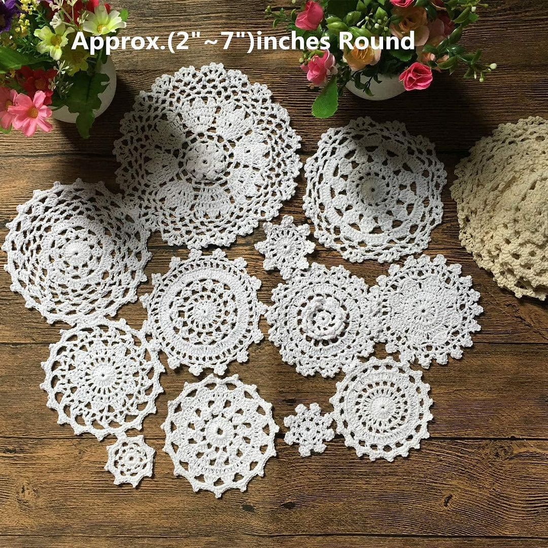 MINDPLUS Set mit 24 Handgehäkelten Deckchen Baumwolle Spitze Tischset Mini-Deckchen Untersetzer 5–18