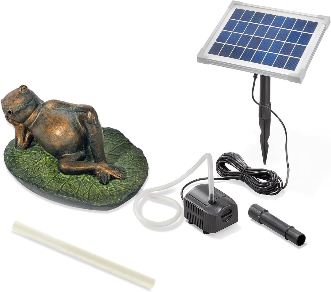 Esotec Solar Wasserspeier Set Frosch liegend auf Seerosenblatt, Pumpe, Solarmodul, Teichfigur, Garte