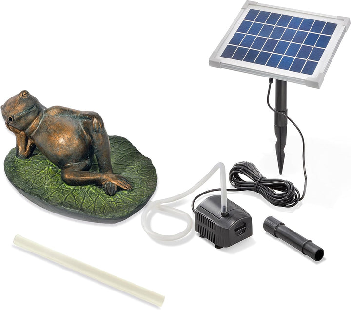Esotec Solar Wasserspeier Set Frosch liegend auf Seerosenblatt, Pumpe, Solarmodul, Teichfigur, Garte