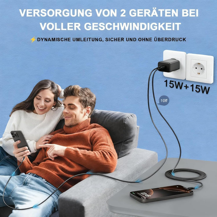 2Pack 45W Dual Port USB C Ladegerät, iPhone 17/16/15 Ladegerät mit 3M langem USB C Ladekabel, PD Sch
