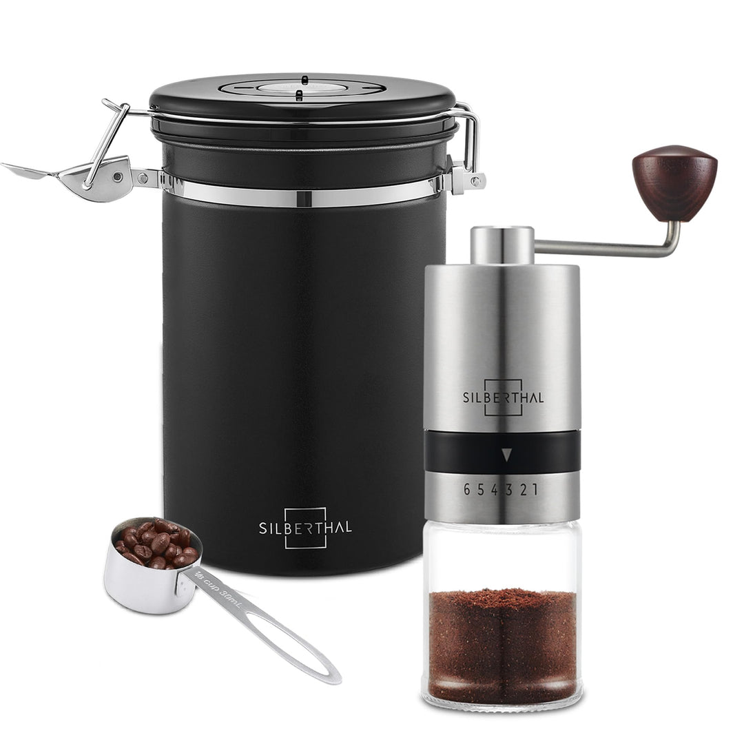 SILBERTHAL Handkaffeemühle manuell mit einstellbaren Mahlgraden & luftdichter Kaffeedose 500g aus Ed