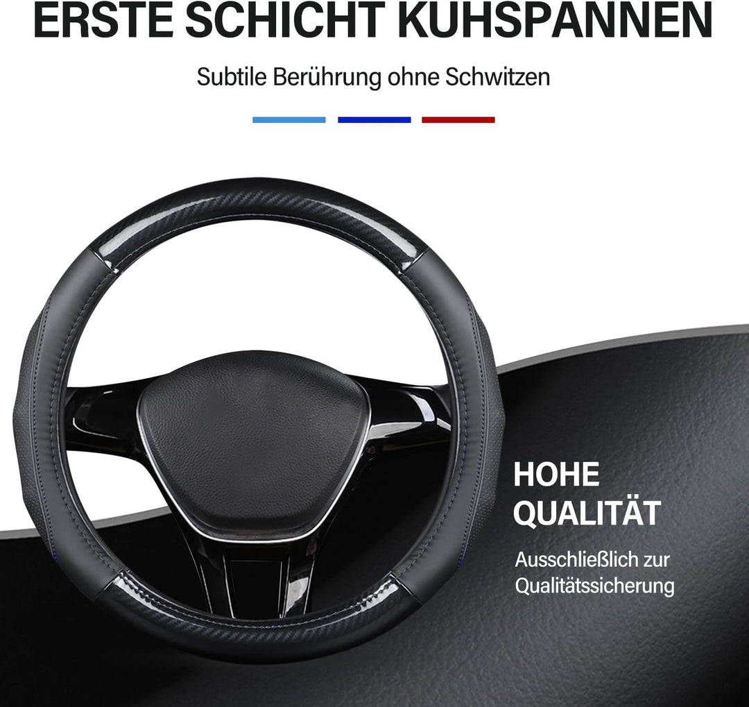 Ergocar Auto Lenkradbezug Rutschfester Auto Lenkradschutz D-Form Kohlefaser & Erste Schicht Rindsled