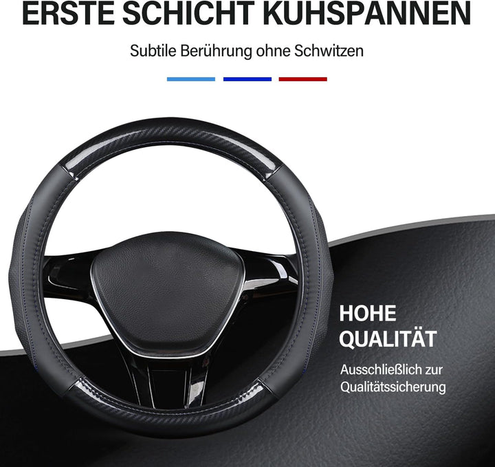 Ergocar Auto Lenkradbezug Rutschfester Auto Lenkradschutz D-Form Kohlefaser & Erste Schicht Rindsled