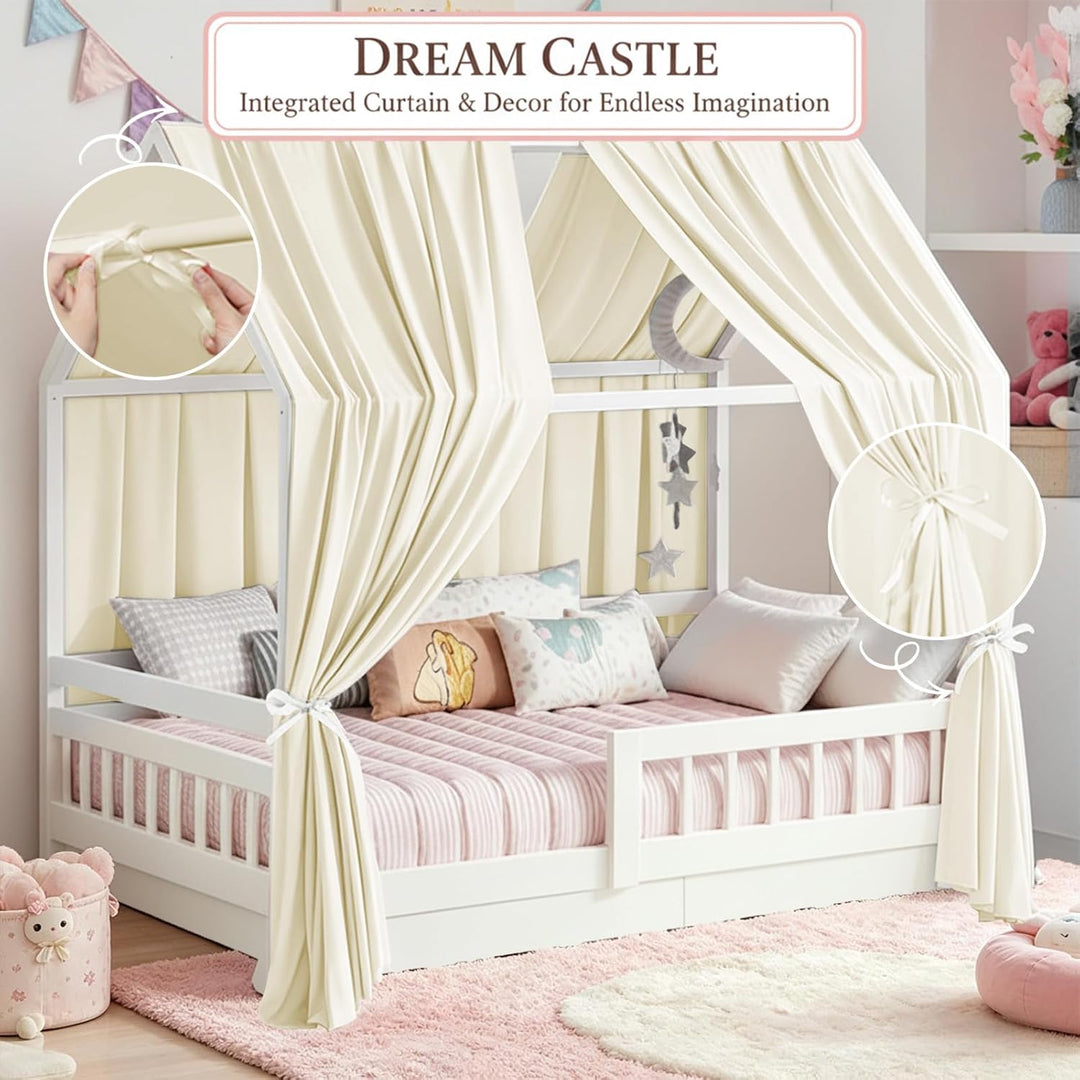 Beige Hausbett Himmel, 2 Stück Betthimmel Hausbett 270 x 67 cm, Himmelbett Vorhänge für Mädchen & Ju