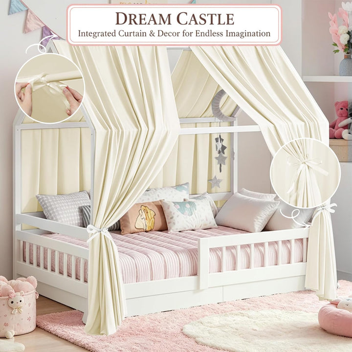 Beige Hausbett Himmel, 2 Stück Betthimmel Hausbett 270 x 67 cm, Himmelbett Vorhänge für Mädchen & Ju