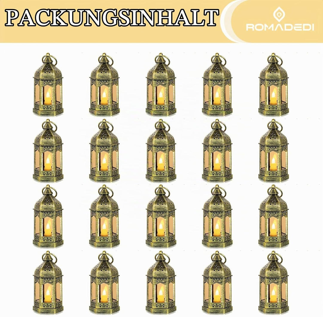 Romadedi Laterne Gold Hochzeit Tischdeko - 20er Set Mini Laterne zum Aufhängen, mit LED Kerzen für P