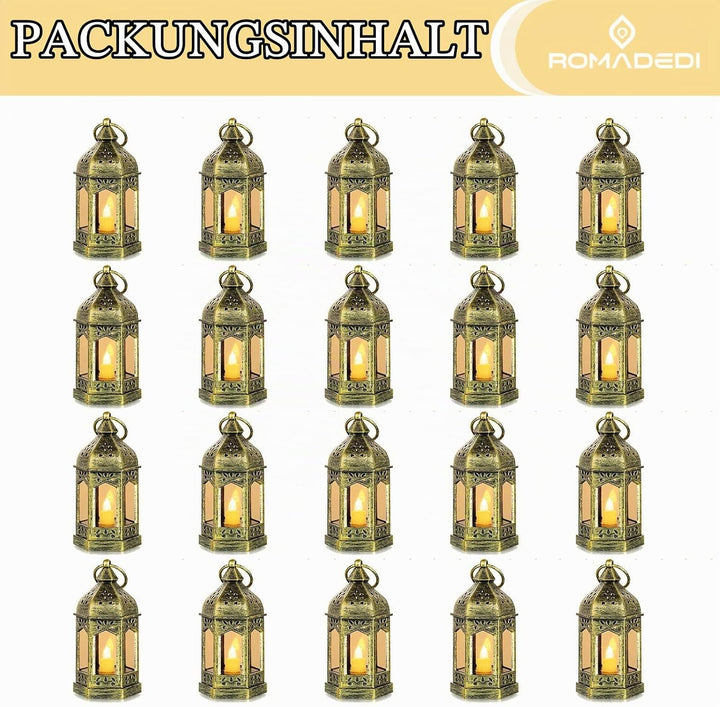 Romadedi Laterne Gold Hochzeit Tischdeko - 20er Set Mini Laterne zum Aufhängen, mit LED Kerzen für P
