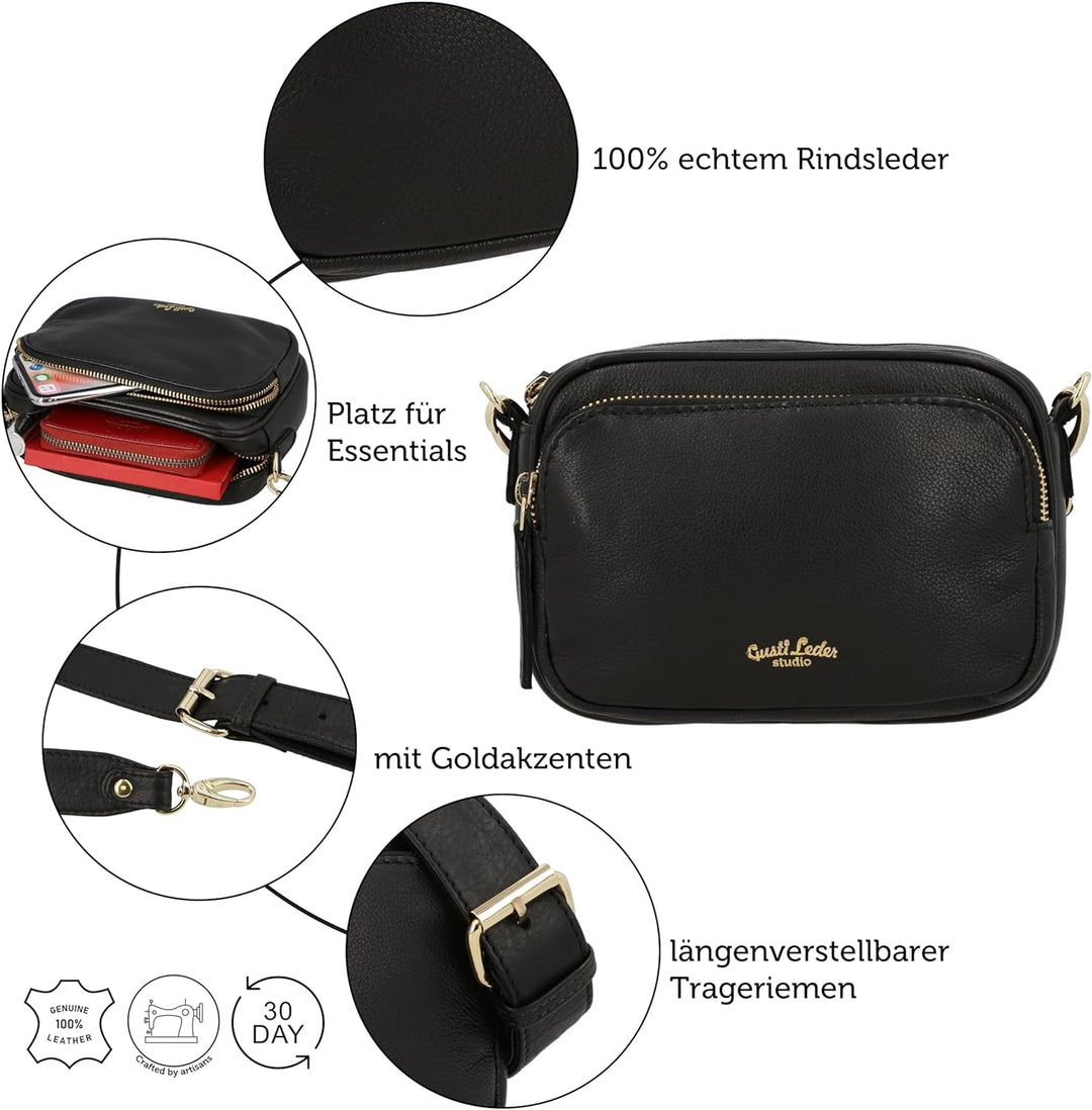 Gusti Umhängetasche Leder - Lulu Damen Umhängetasche Schultertasche Ledertasche Leder Schwarz, Schwa