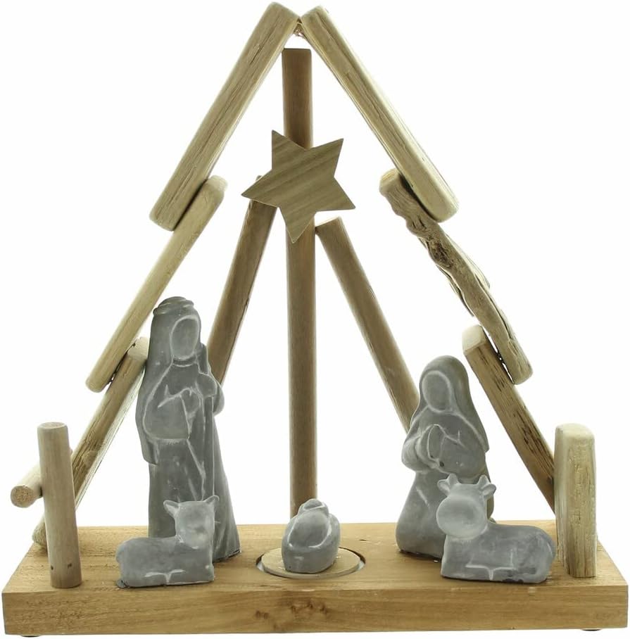 Dekoleidenschaft Weihnachtskrippe mit LED Beleuchtung, Krippenstall aus Buchenholz, Figuren aus Beto