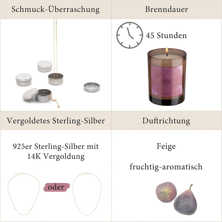 faav Schmuckkerze Feige – Duftkerze inkl. Schmucküberraschung – Kette-Ohrringe-Armband – 45h Brennda