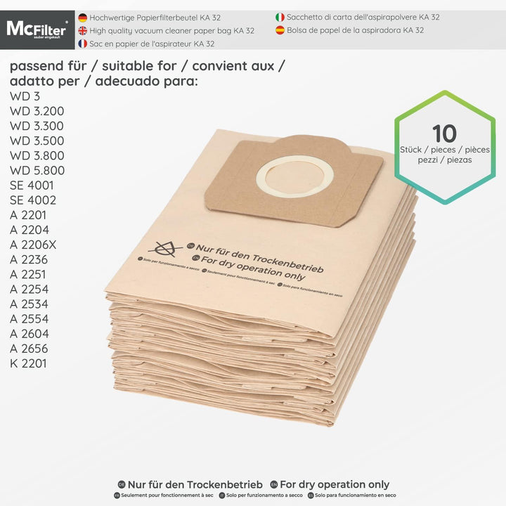 McFilter | 10 Staubsaugerbeutel kompatibel mit Kärcher WD 3.300 M Mehrzwecksauger, Nass- Trochensaug