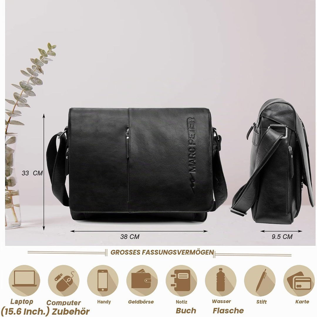 Marc Peter® Bergen leder Umhängetasche für Herren Damen | 15.6 Zoll Laptoptasche | Aktentasche aus e