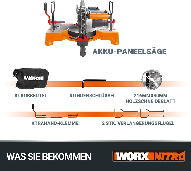 WORX WX845.9 Akku-Zug-, Kapp- und Gehrungssäge 20V – Multifunktionssäge für zahlreiche Schnittarbeit