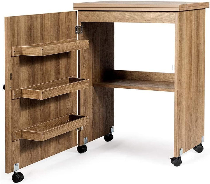 FANTASK Holz Nähschrank & Schreibtisch klappbar, Natur Nähtisch mit 3 Einlegeböden für Spulen, Nähti