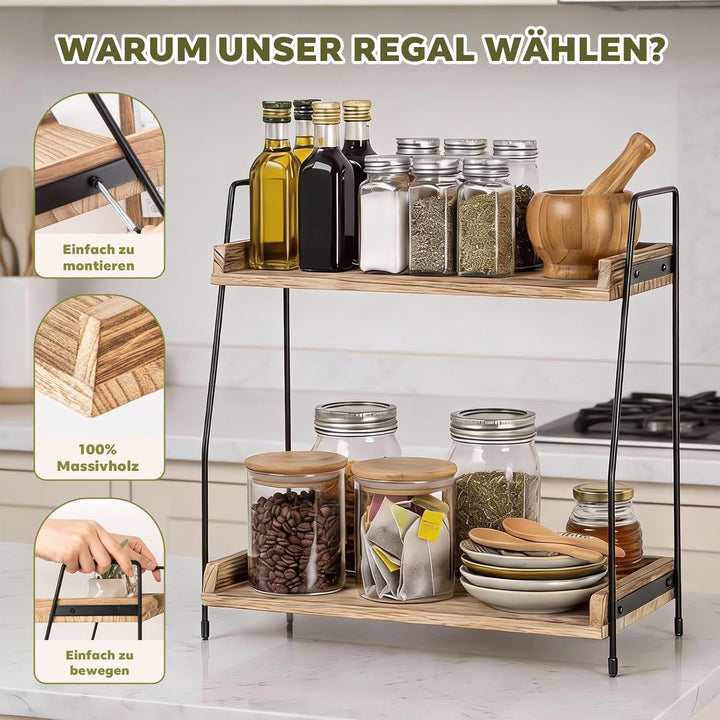 2-stufiges Organizer-Regal aus Holz & Metall | Kaffee- und Küchenregal mit Arbeitsplatte | Für Kosme