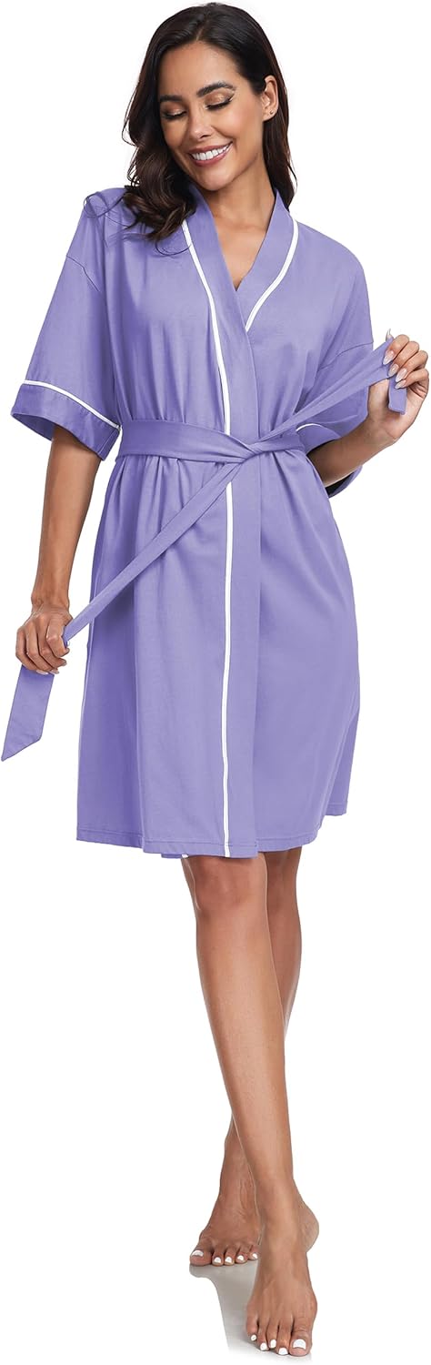 COLORFULLEAF 100% Baumwolle Bademantel Damen Kurz Morgenmantel Leicht Knielang Kimono Saunamantel Na
