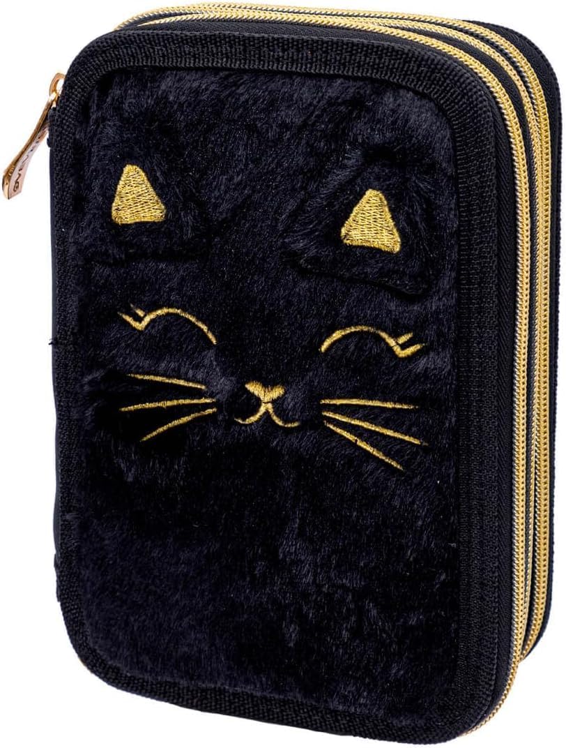 ASTRABAG 3-Fach Mäppchen Federmappe Gefüllt Jumbo Fluffy Kitty Black mit Plüsch und Ohren