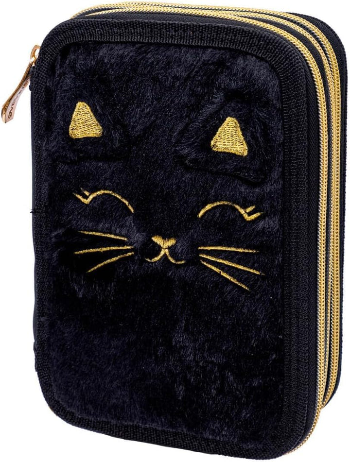 ASTRABAG 3-Fach Mäppchen Federmappe Gefüllt Jumbo Fluffy Kitty Black mit Plüsch und Ohren