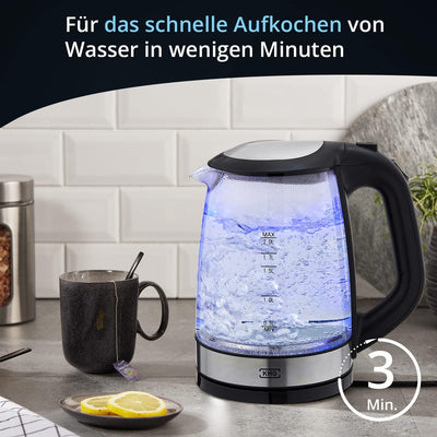 KHG Wasserkocher WK-1706 GES Glas, 2 Liter, LED Beleuchtung, Kalkfilter, Wasserstandsanzeige, Öffnen