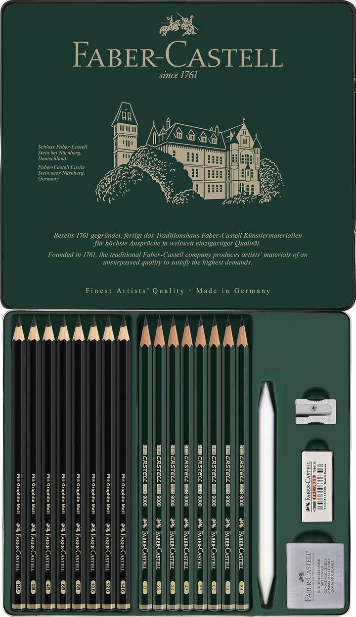 Faber-Castell 115224 - Bleistifte Set Pitt Graphite Matt &amp; Castell 9000, 20-teilig, inkl. Papierwisc