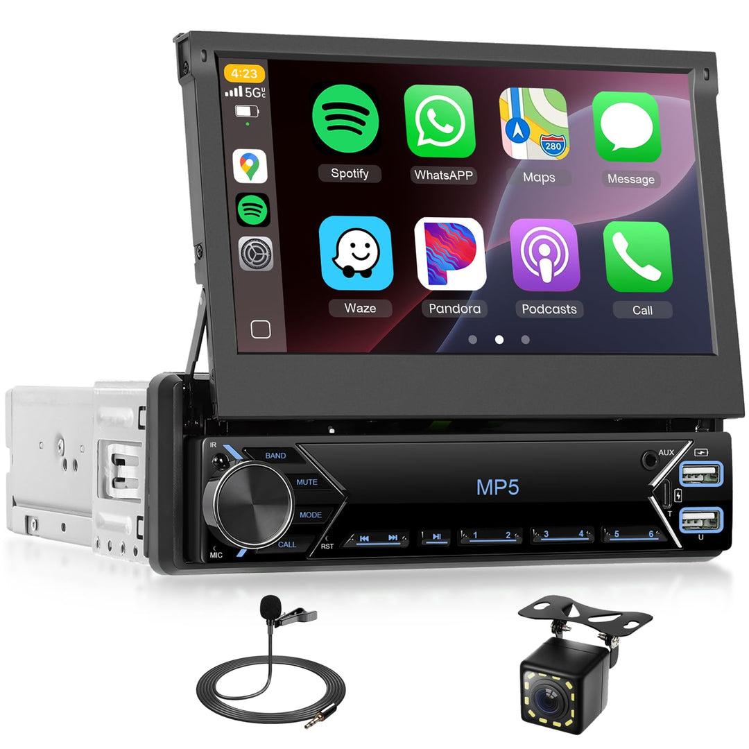 1 DIN Wireless Carplay Autoradio mit 7-Zoll manuell versenkbarem Touchscreen, Single Din Bluetooth R