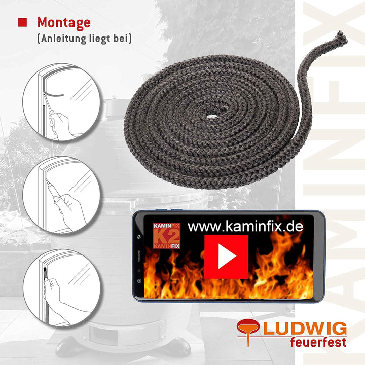 Ofendichtschnur 2,5m inkl. Kleber, Kaminreparaturset in der Grösse 14mm, hochwertige Ofentürdichtsch