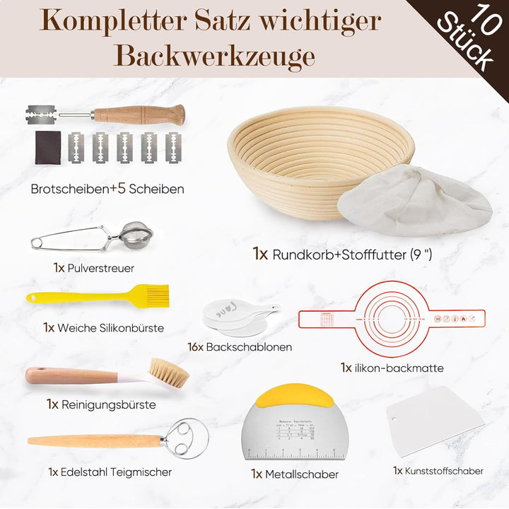 Kixiyou 10-teilig Gärkorb Brot Set, 23 cm Gärkorb rund und Komplettset Backzubehör, Gärkörbchen für