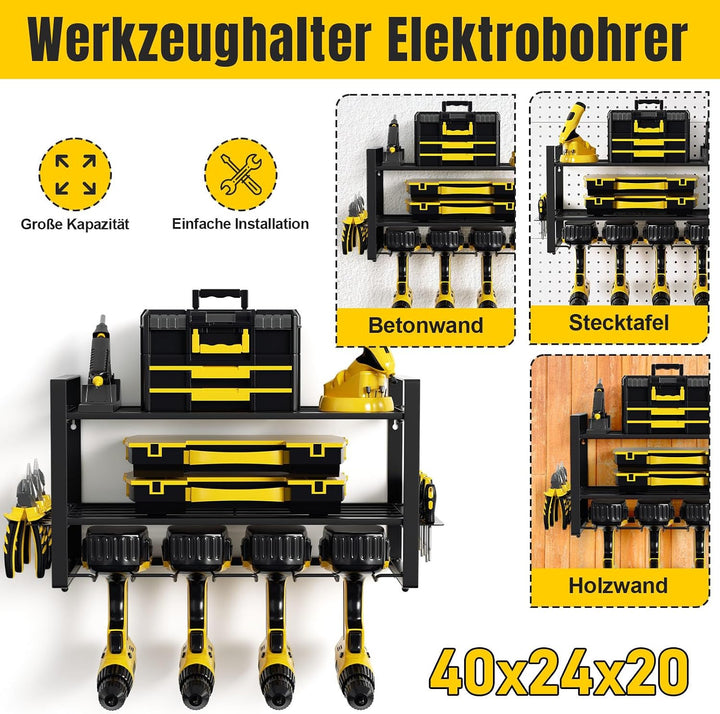 Werkzeug Wandhalterung für 4 Elektrowerkzeug, Werkzeugspeicher Werkzeugregal, 3 Ebenen Werkzeugständ